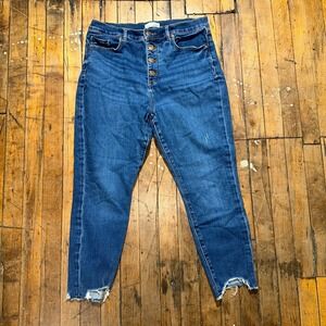 LOFT Jeans Women's Petite 31 Blue Denim Skinny Fit Raw Hem Button Fly Preppy